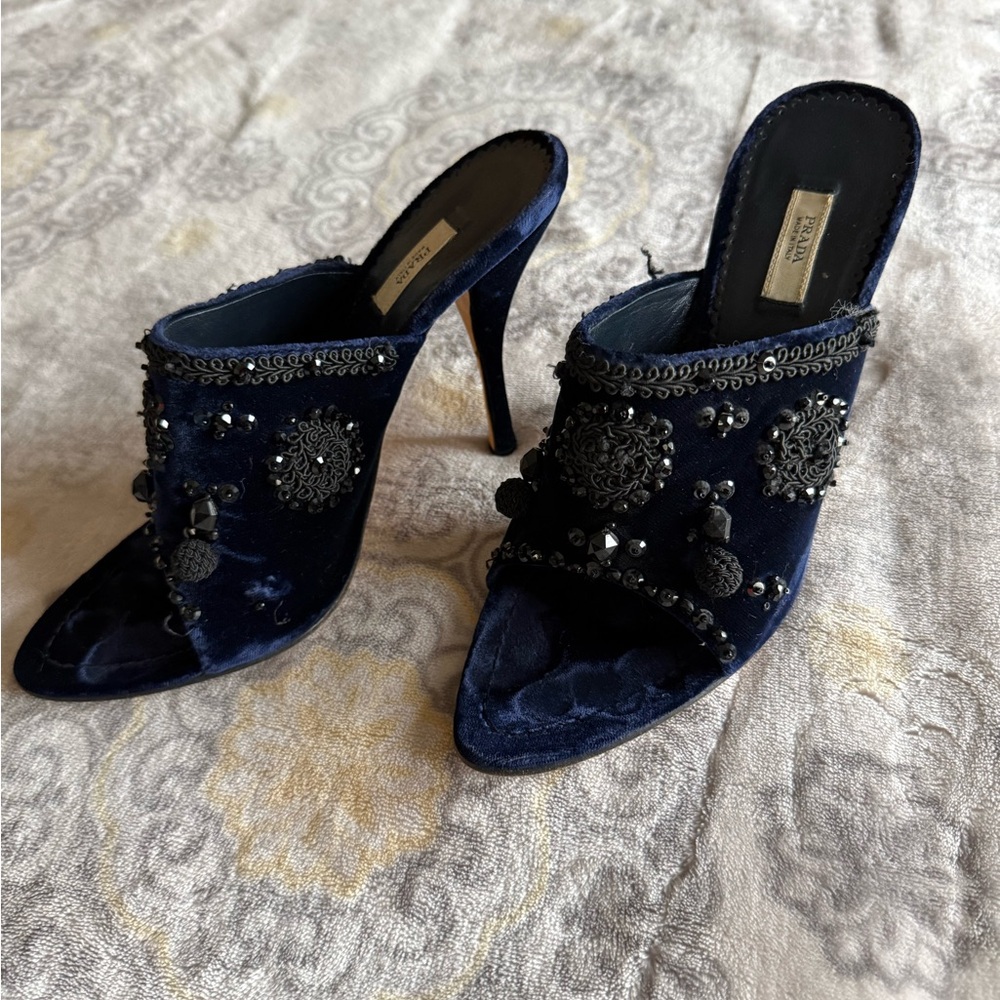 Prada Navy Beaded Velvet Heels